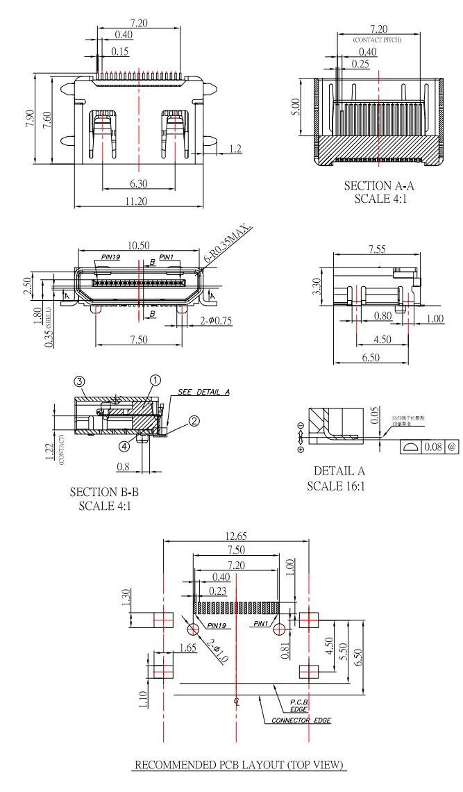 HDMI C TYPE,全貼HDMI母座有柱,迷你HDMI插座帶固定柱,HDMI-C-1規(guī)格書(shū)