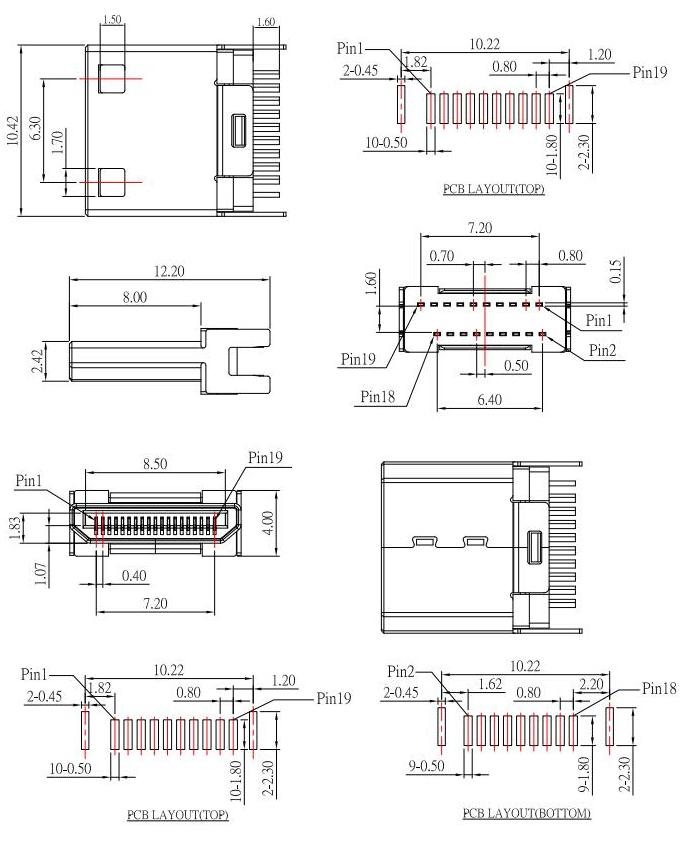 HDMI-C-3 ,HDMI JACK C TYPE ,公頭HDMI夾板式，HDMI plug規(guī)格圖