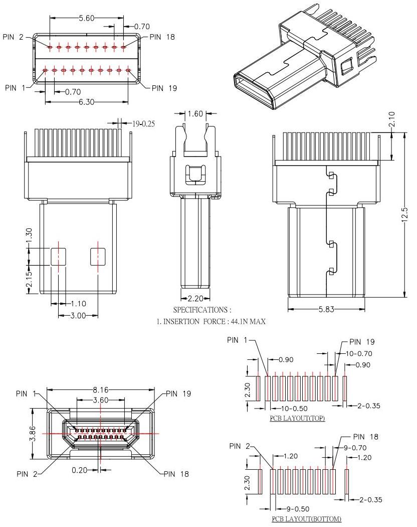 HDMI-D-6  D TYPE 公頭夾板,板厚1.6mm，HDMI JACK SERIES規(guī)格圖