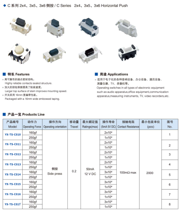 2x4、3x5、3x6側按輕觸開關規(guī)格圖
