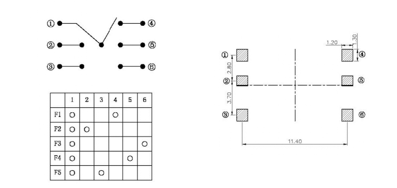 10*10*10貼片五向開關(guān)接線圖